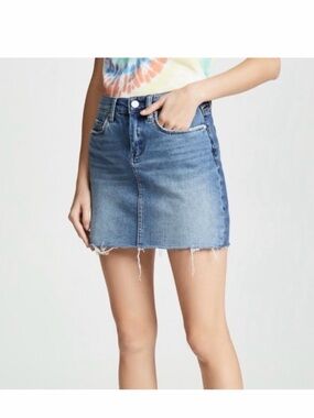 Blank NYC Light Washed Blue Denim Mini Skirt High-Rise with Frayed Hem